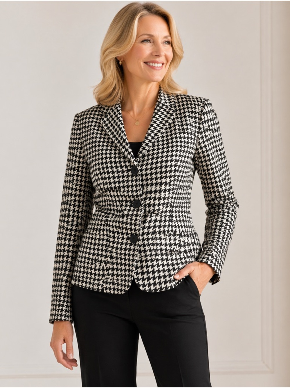 Ralph Lauren Black Label Women’s Black & White Houndstooth Silk Blazer size 8